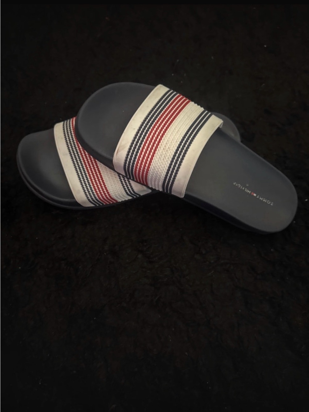 Tommy Hilfiger Navy Slide Sandals with Red & White Striped Band